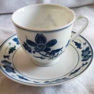 Vintage blue floral pattern teacup and saucer set, made in China